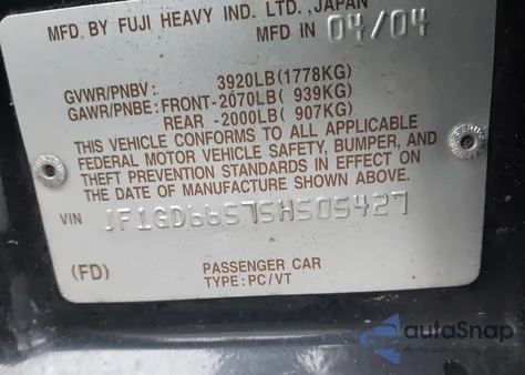 2005 Subaru Impreza 2.5Rs из США, поврежденный, VIN JF1GD66575H505427